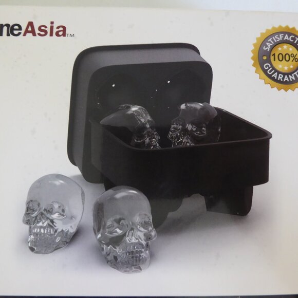 DINE ASIA BRAND TWO 3D SKULL ICE CUBE SILICONE TRAY MAKER MOLD FORMS (USED ONCE - Picture 1 of 12